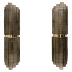 Pair of Modern Italian Brass and Murano Glass Textured Wall Sconces, 80s