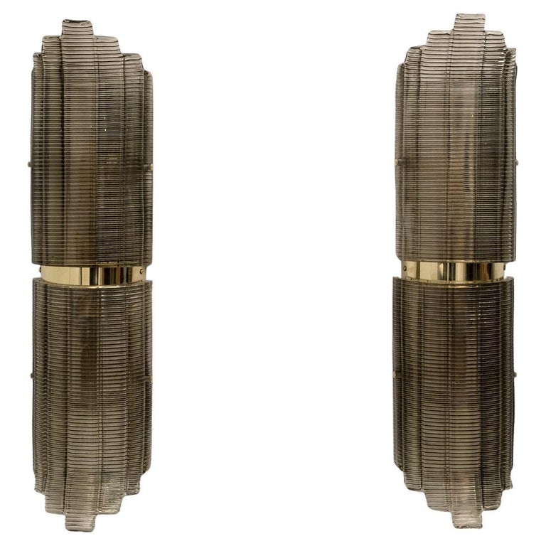 Pair of Modern Italian Brass and Murano Glass Textured Wall Sconces ...