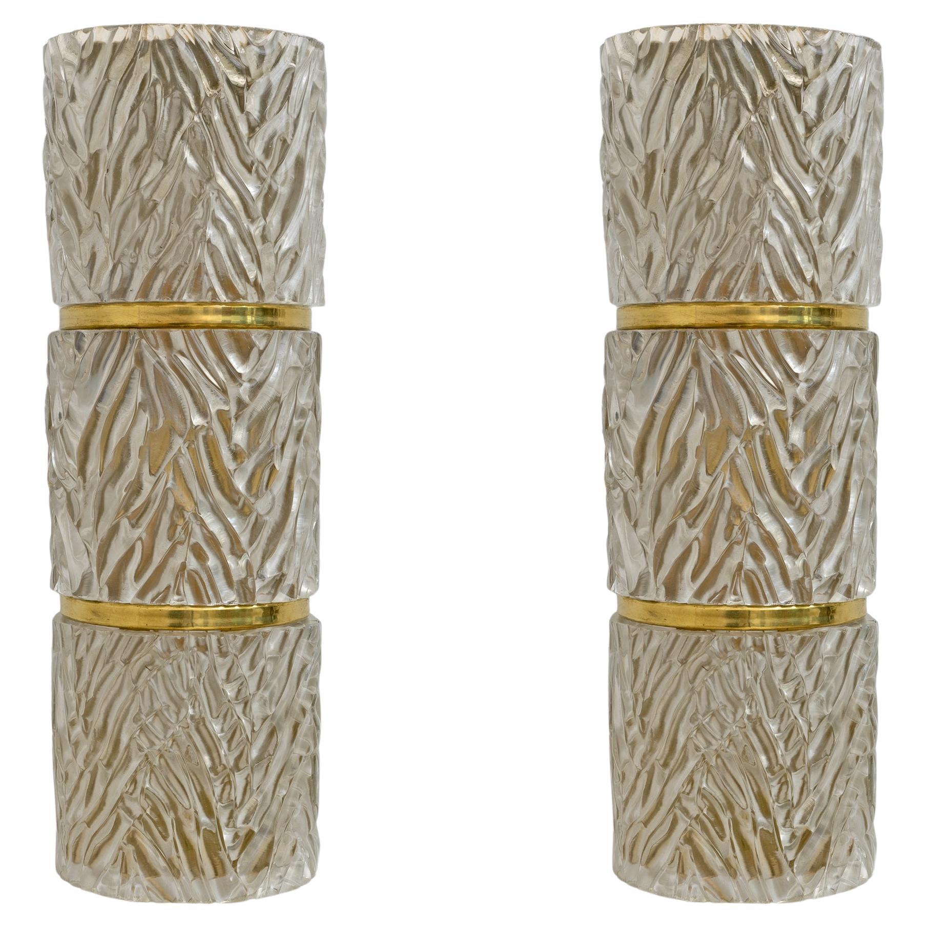 Pair of Modern Italian Brass and Murano Glass Textured Wall Sconces