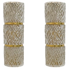 Pair of Modern Italian Brass and Murano Glass Textured Wall Sconces