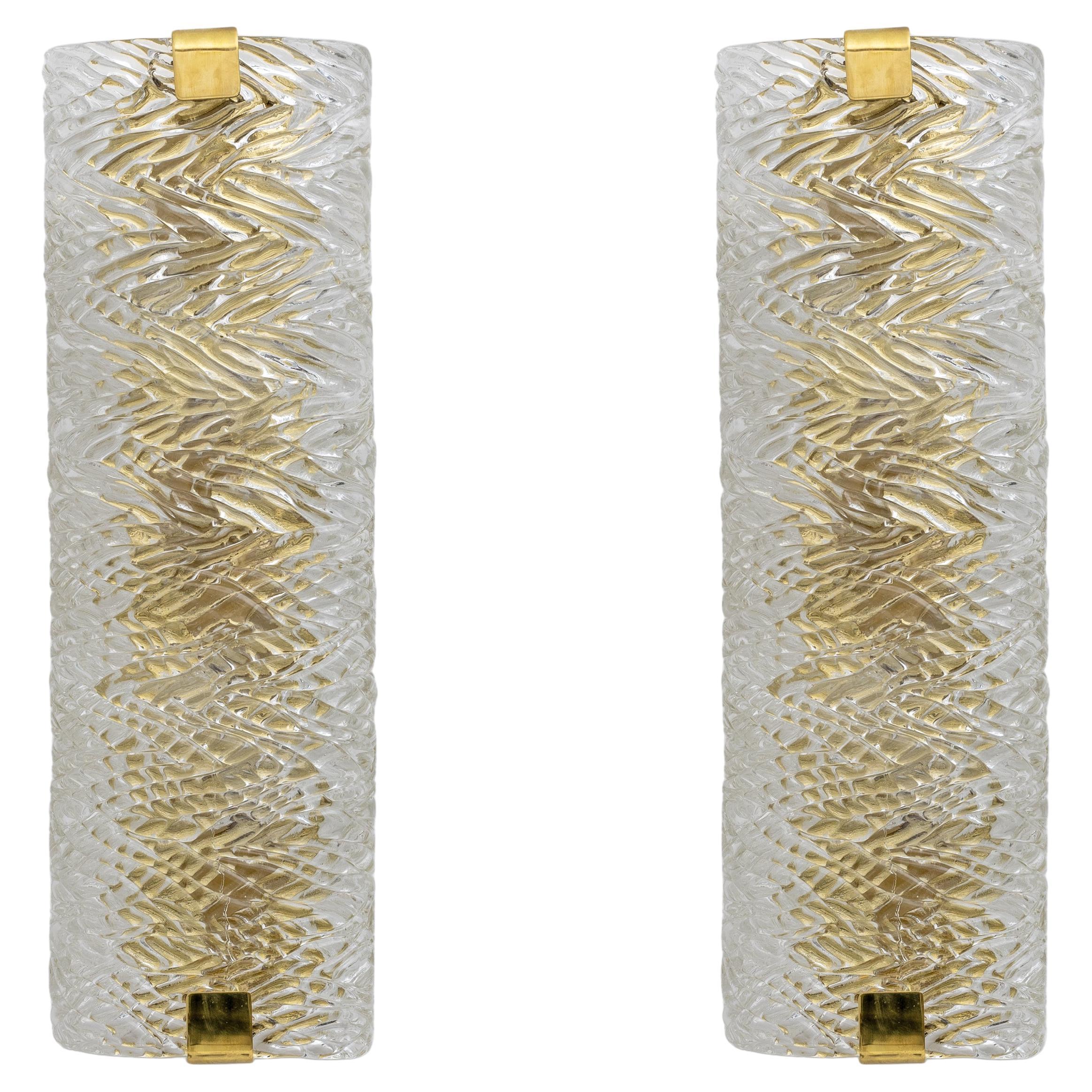 Pair of Modern Italian Brass and Murano Glass Textured Wall Sconces