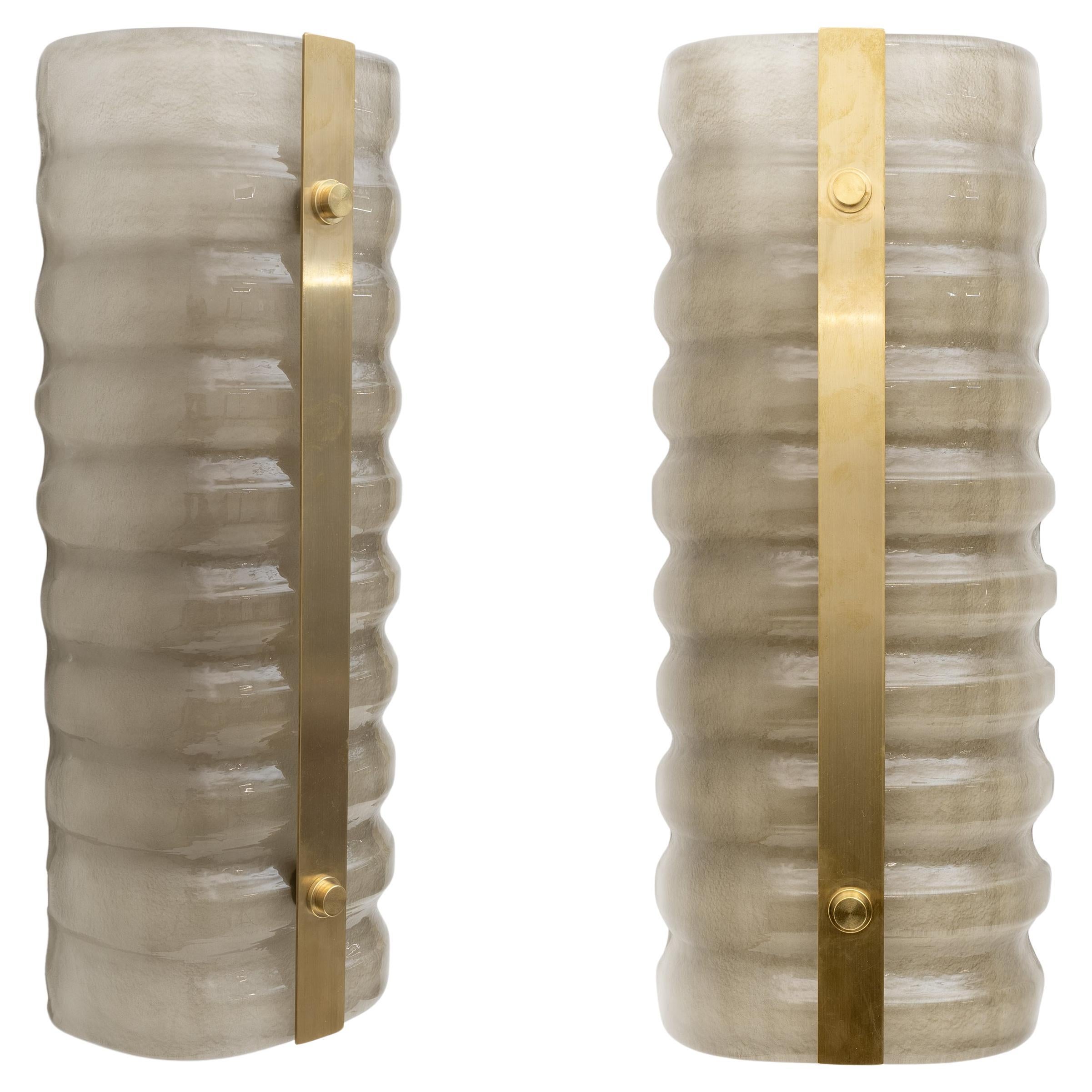 Pair of Modern Italian Brass and Smoke Murano Glass Wall Sconces