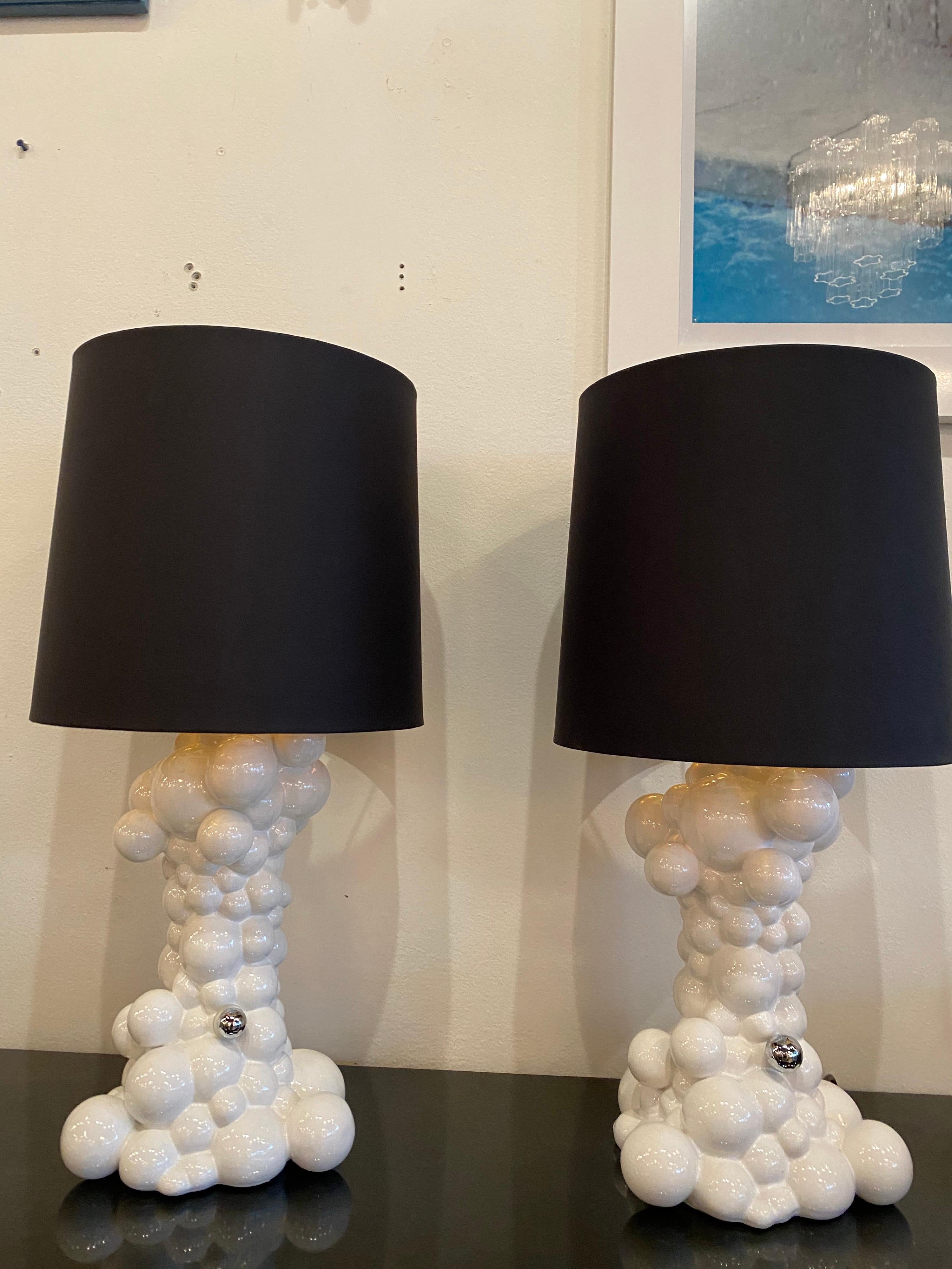 Pair of Vintage Ceramic White Modern Italian Bubble Ball Table Lamps For Sale 7
