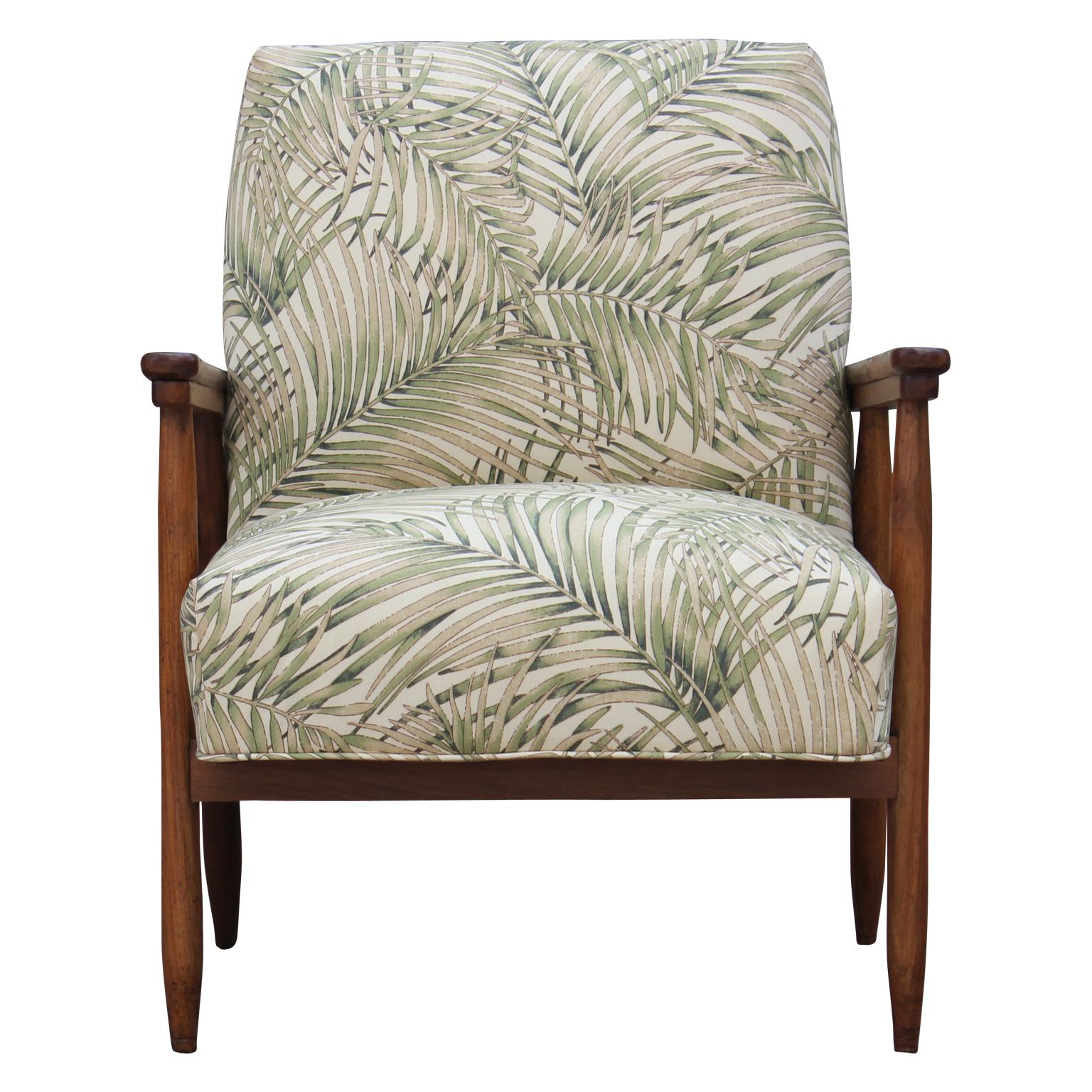 Pair of gorgeous modern Italian Danish style lounge chairs. Freshly upholstered in a lovely palm leaf pattern. In the style of Hans Wegner.