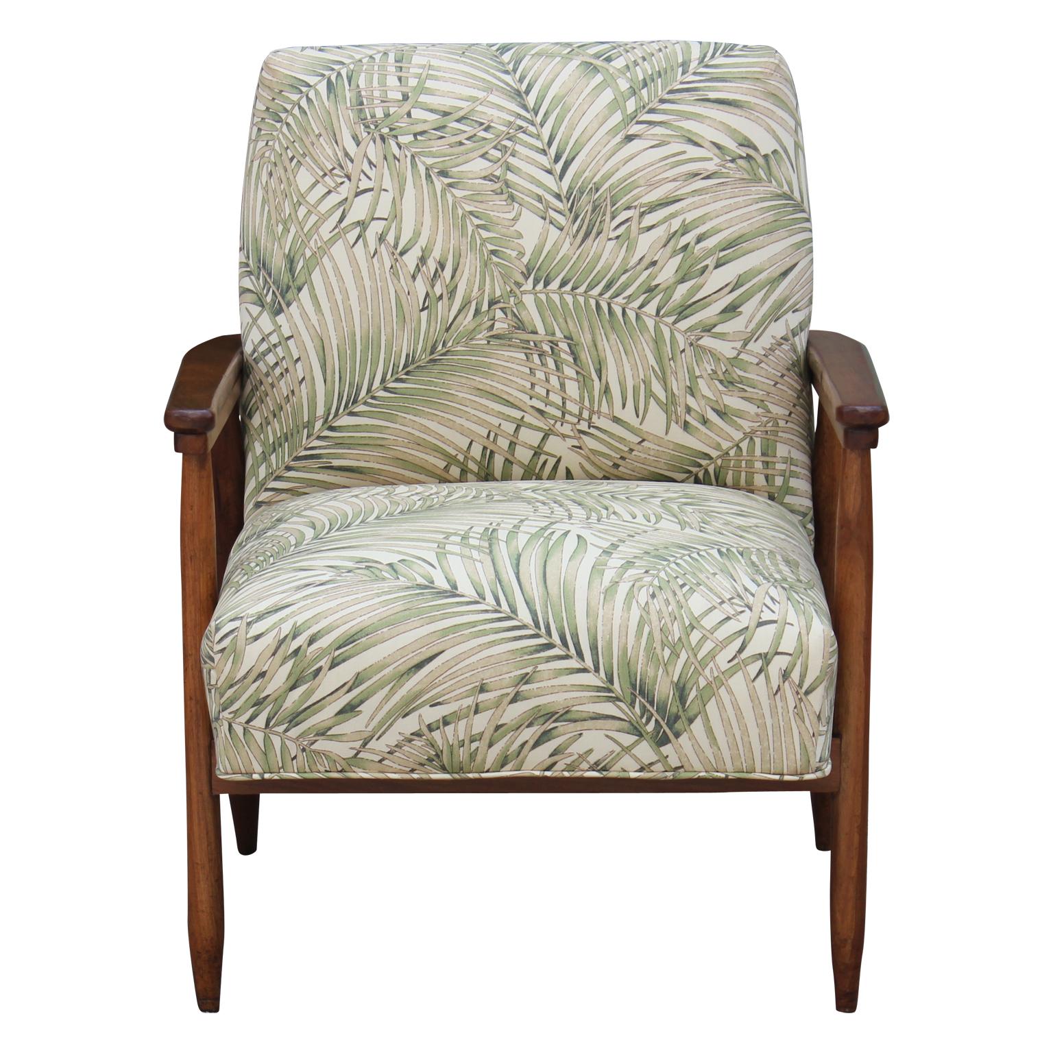 Pair of Modern Italian Danish Style Palm Leaf Patterned Lounge Chairs In Excellent Condition In Houston, TX