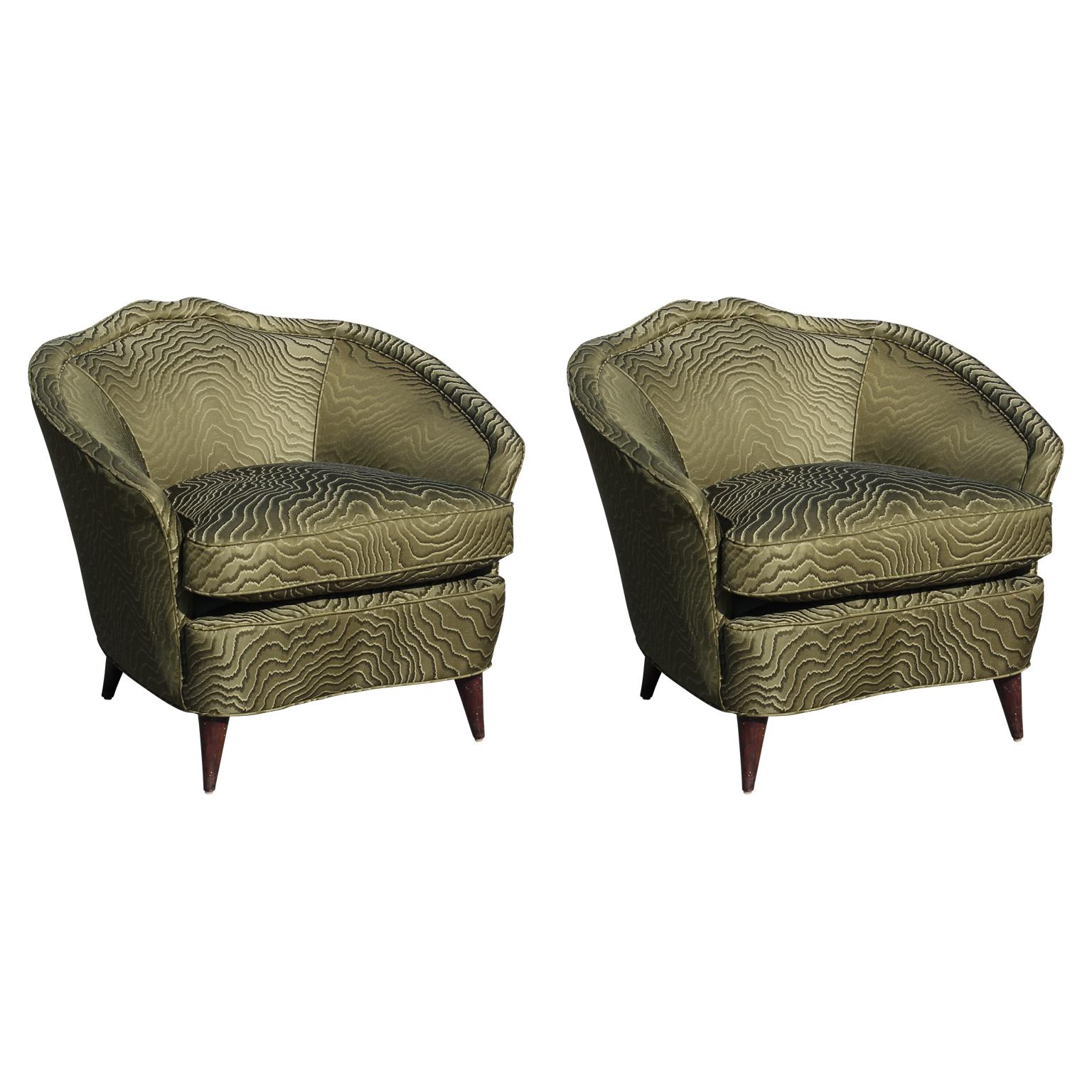 Pair of Modern Italian Lounge Chairs in Green Patterned Clarke and Clarke Fabric