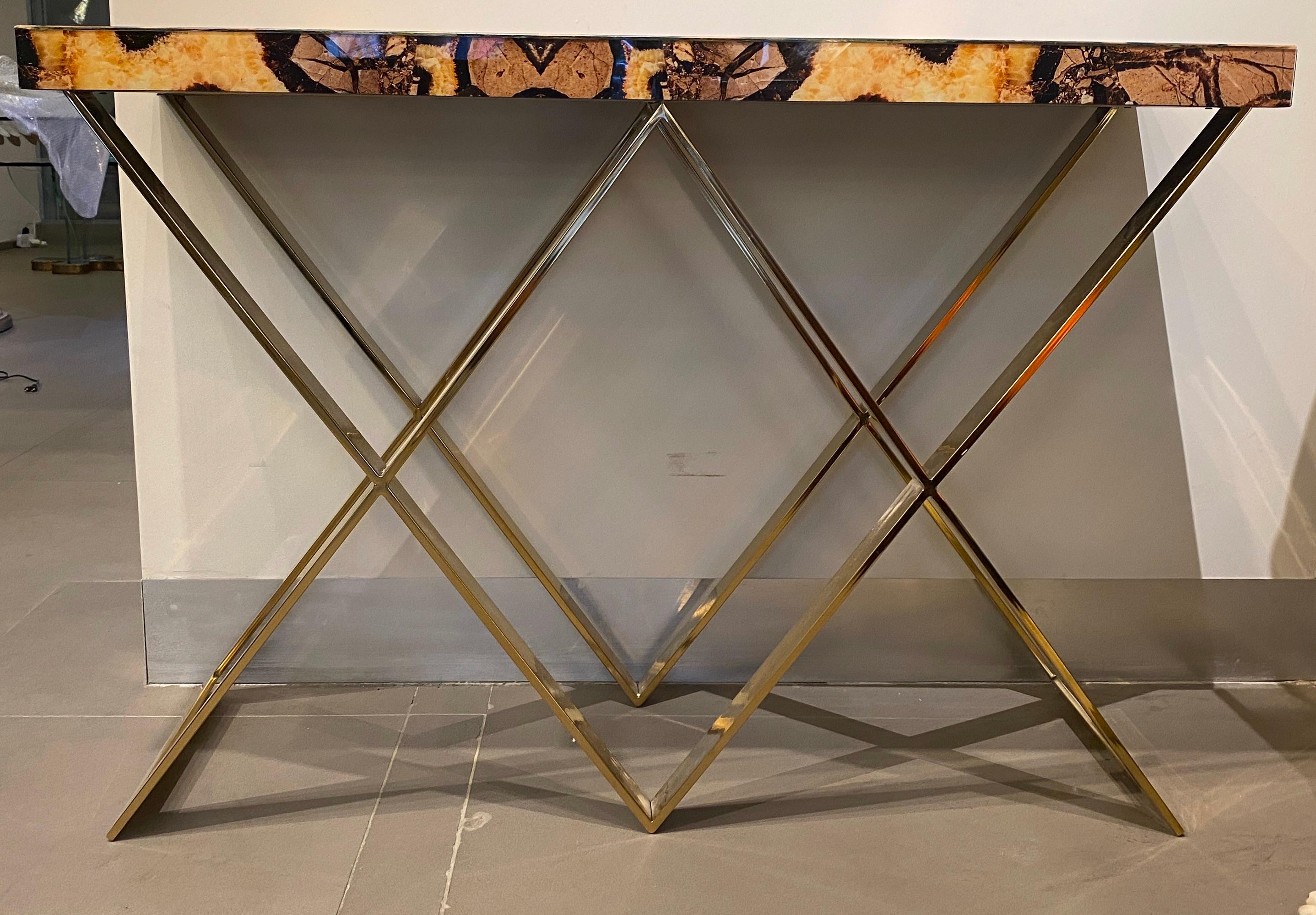20th Century Pair of Modern Italian Marble Imitation Top Console Tables For Sale