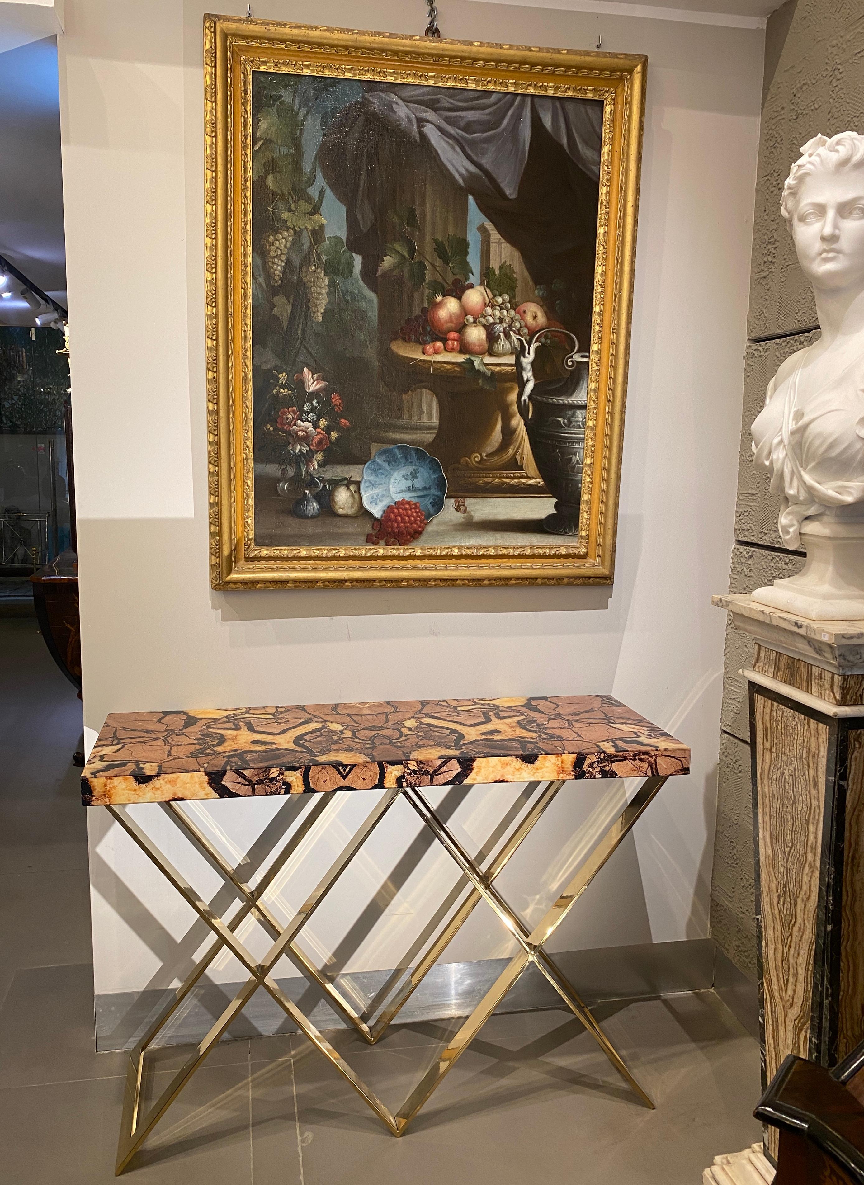 Brass  Pair of Modern Italian Marble Imitation Top Console Tables  For Sale