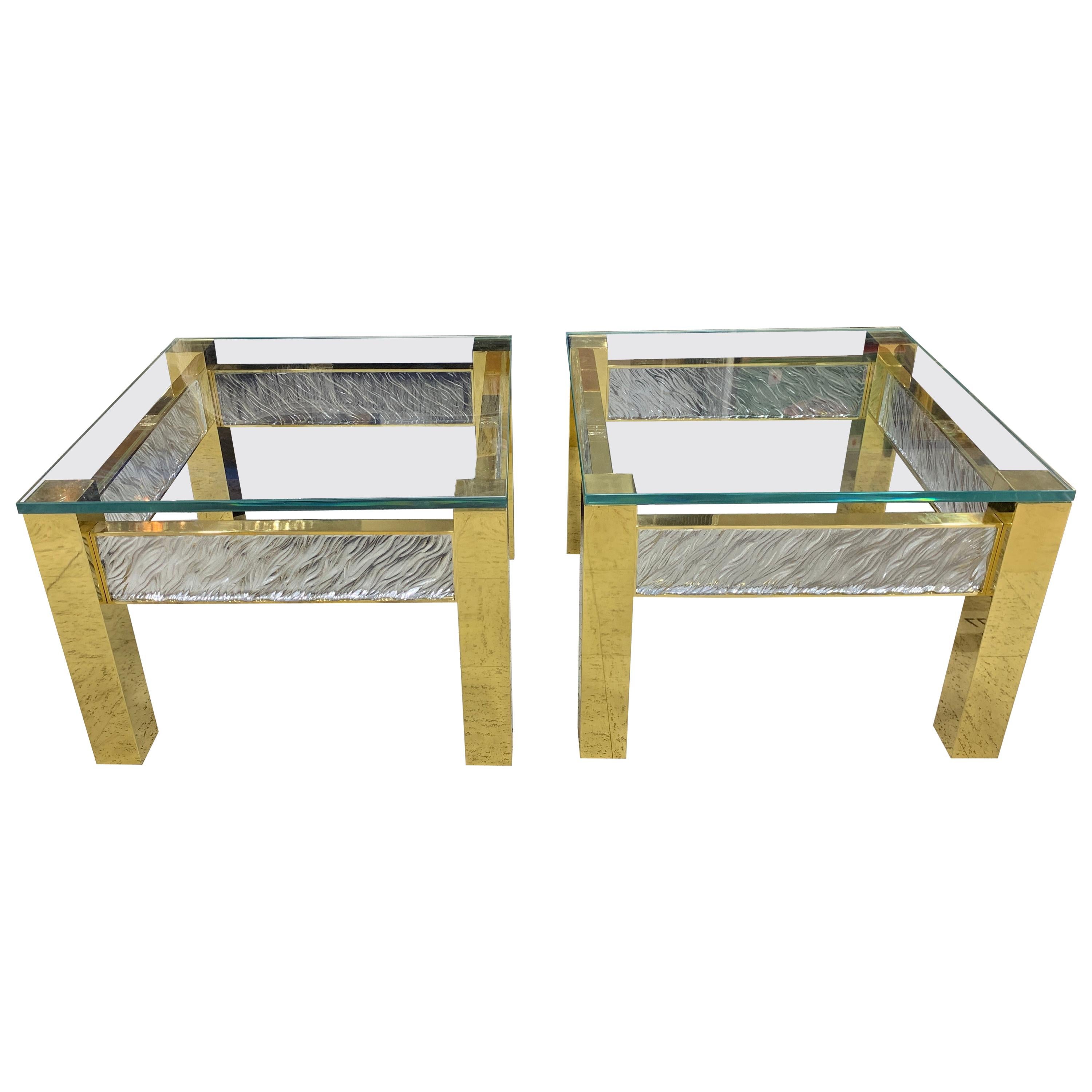 Pair of Modern Italian Murano Glass and Brass End Tables For Sale