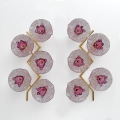 Pair of Modern Italian Murano Glass and Brass Flowers Wall Lamps