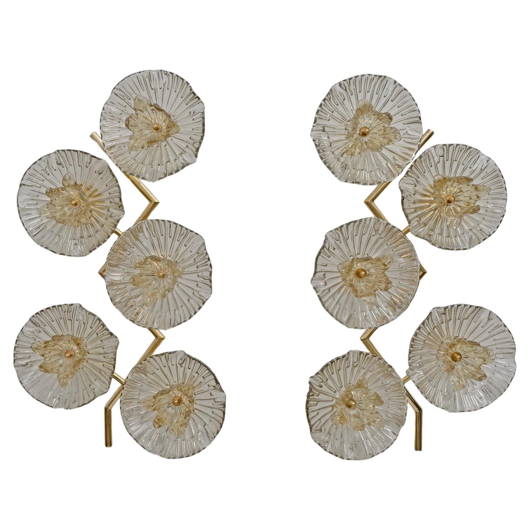 Pair of Modern Italian Murano Glass and Brass Flowers Wall Lamps For Sale