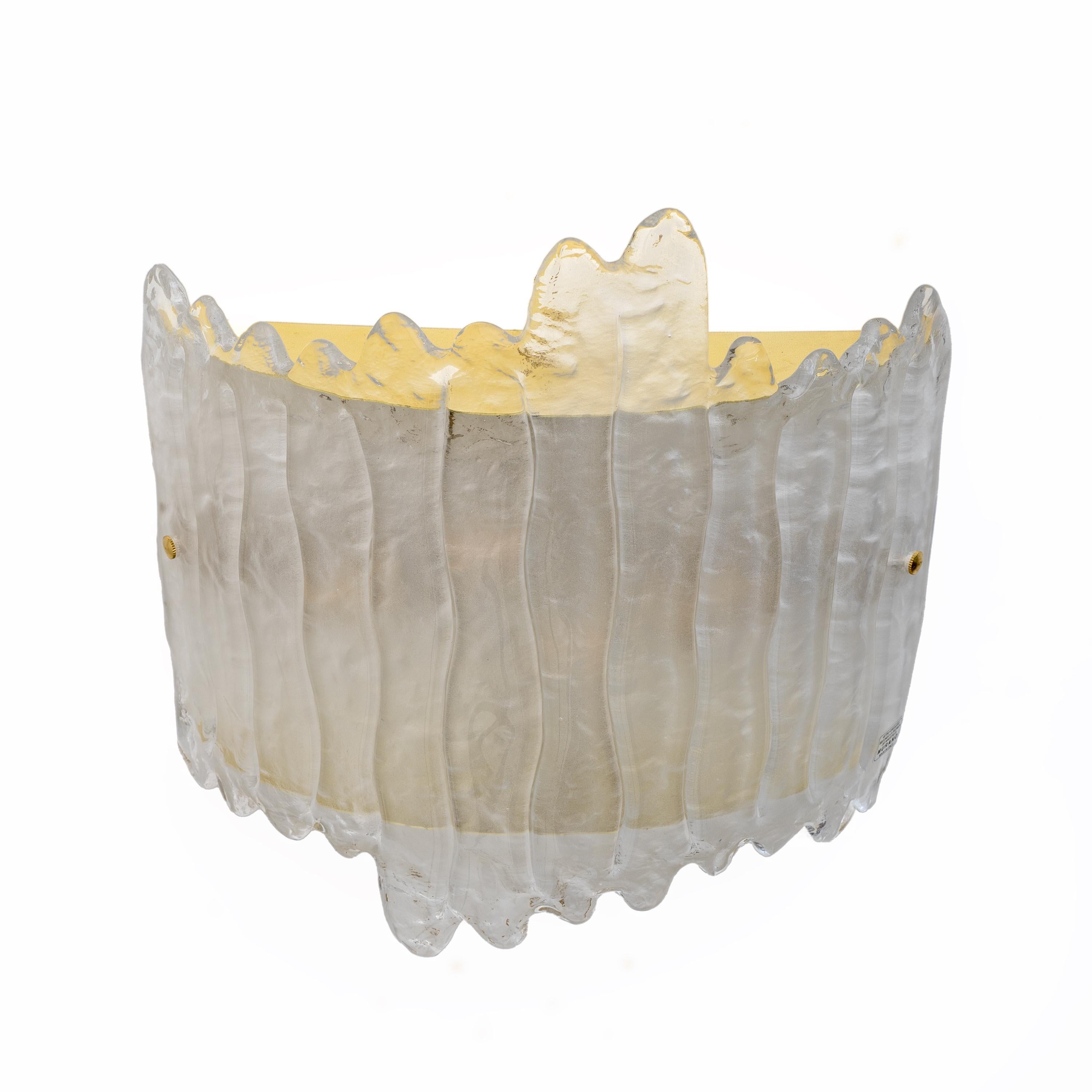 Pair of Modern Italian Murano Glass and Brass glacier Wall Sconces For Sale 1