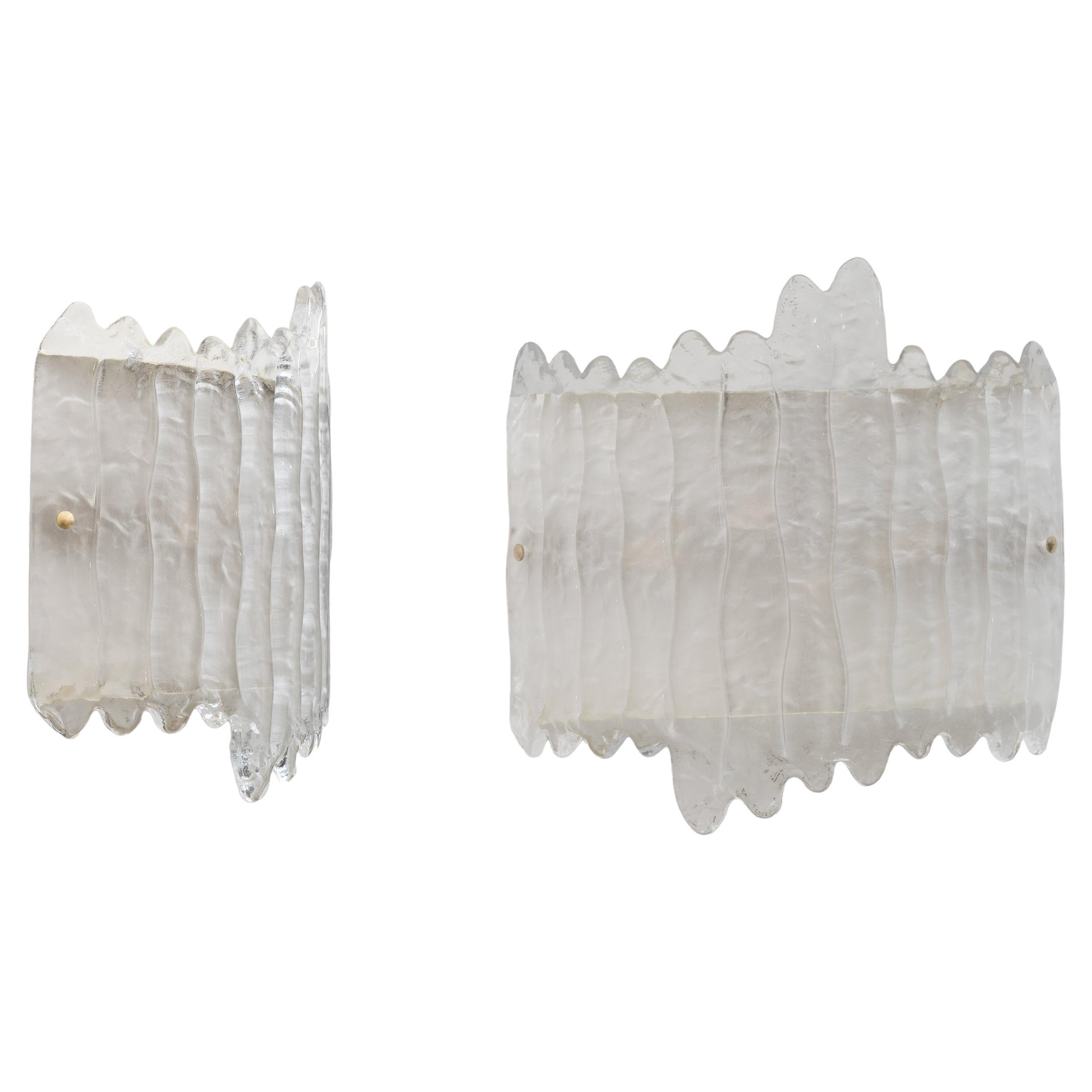 Pair of Modern Italian Murano Glass and Brass glacier Wall Sconces