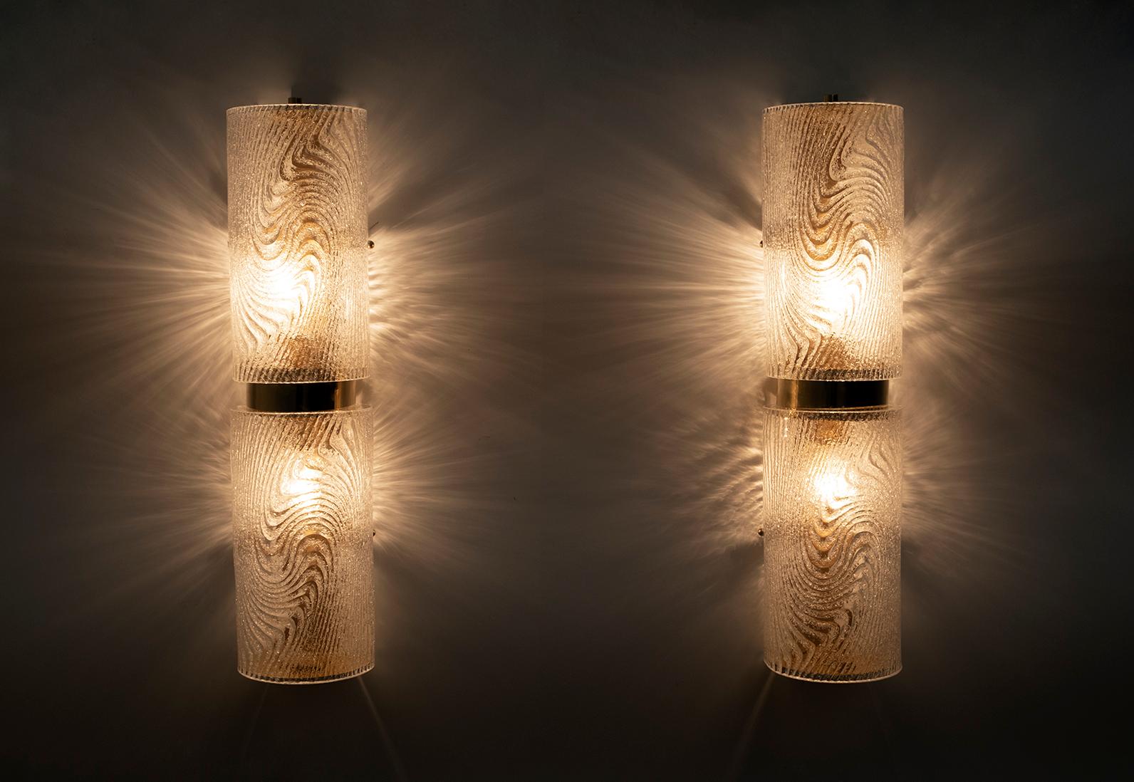 Late 20th Century Pair of Modern Italian Murano Glass and Brass Wall Sconces 