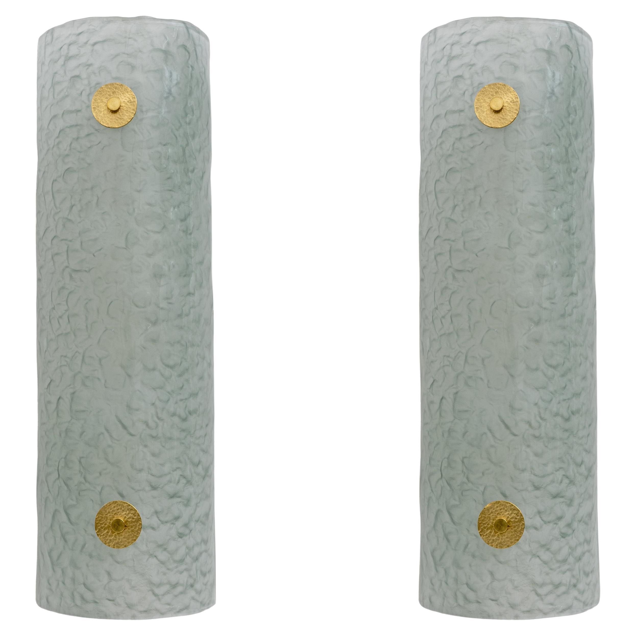 Pair of Modern Italian Murano Glass Green Water and Brass Wall Sconces