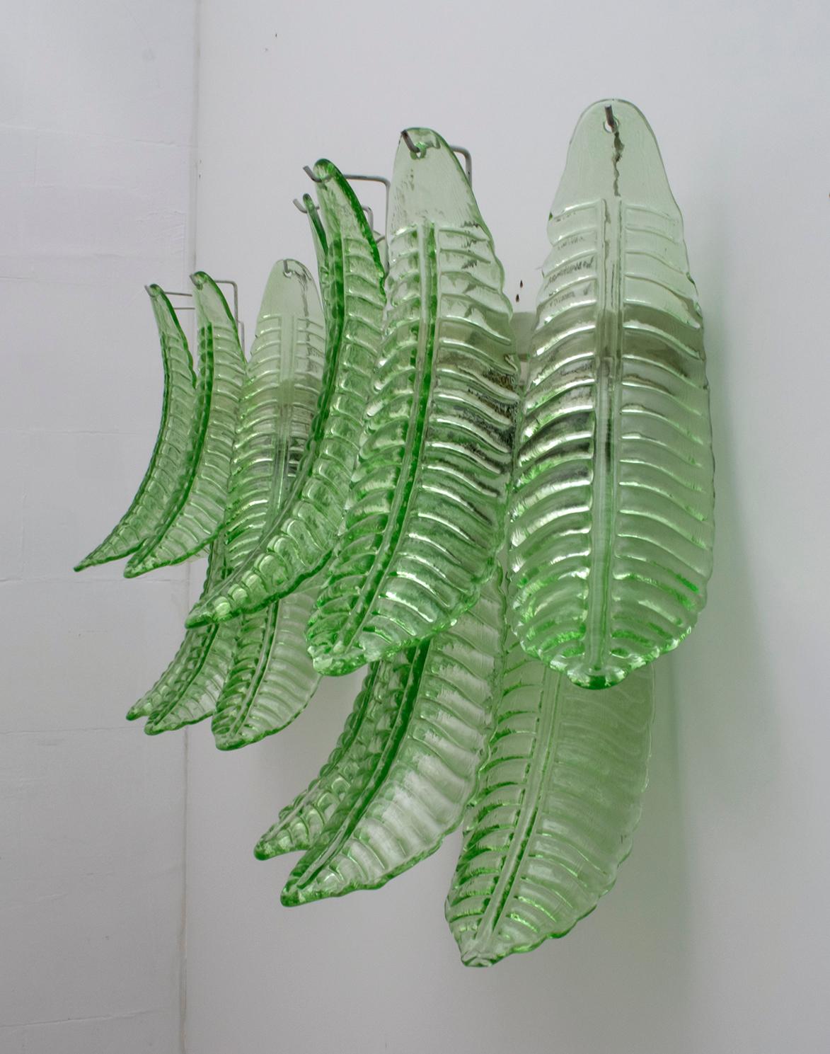 Brass Pair of Modern Italian Murano Glass Palm Leaf Sconces, 1970s