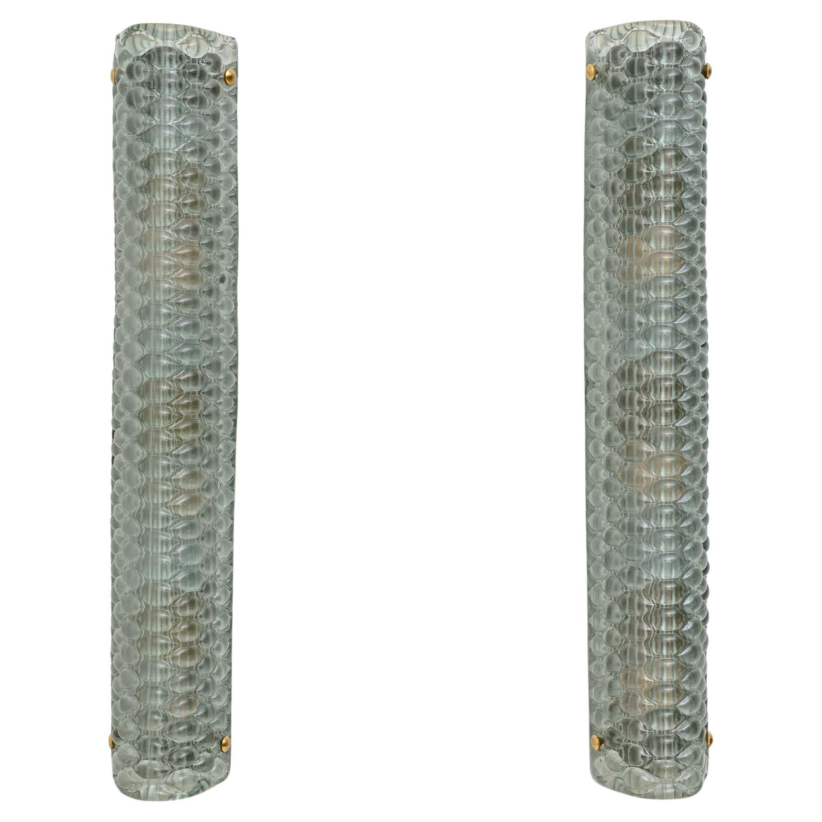 Pair of Modern Italian Murano Glass Textured Green Wall Sconces, 80s For Sale