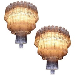 Pair of Modern Italian Murano Glass Tronchi Ice Color Chandeliers 1980