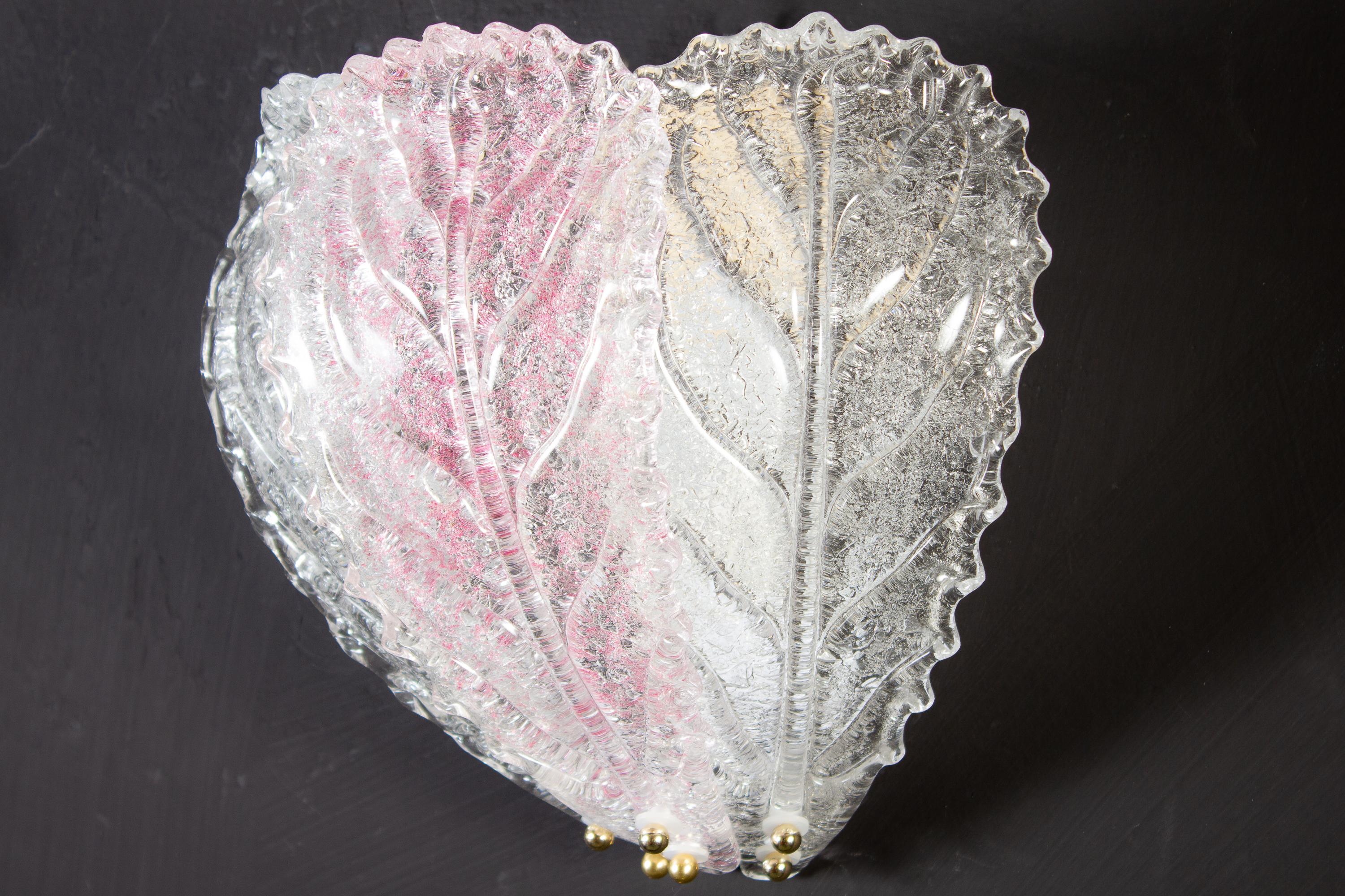 Blown Glass Pair of Modern Italian Pink and Clear Murano Glass Leave Wall Lights, 1970 For Sale