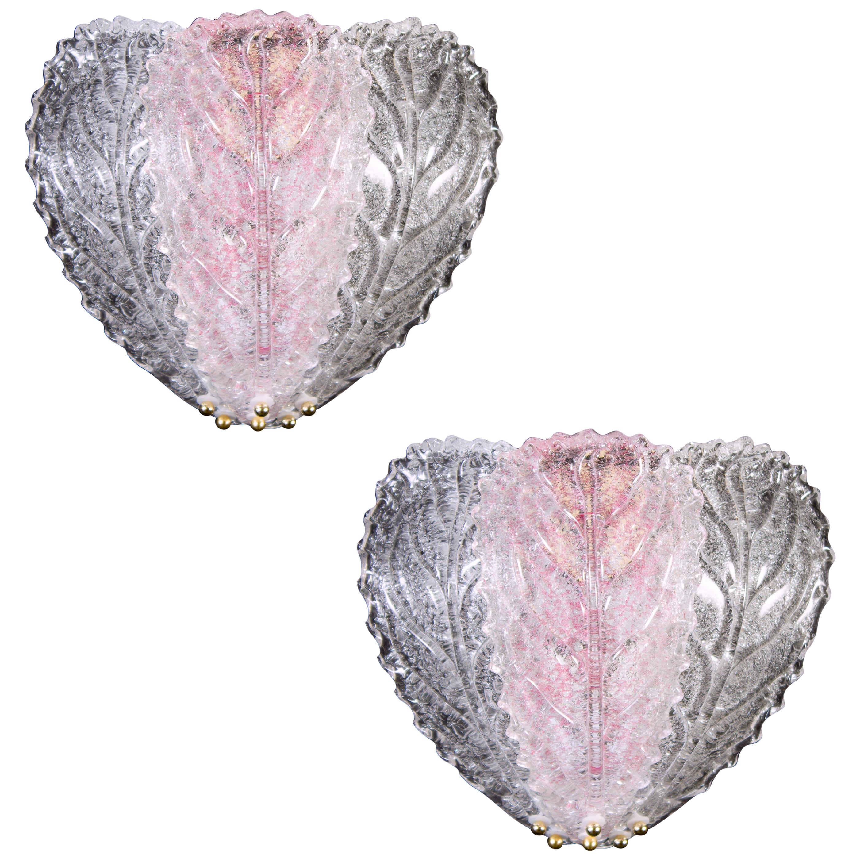 Pair of Modern Italian Pink and Clear Murano Glass Leave Wall Lights, 1970 For Sale