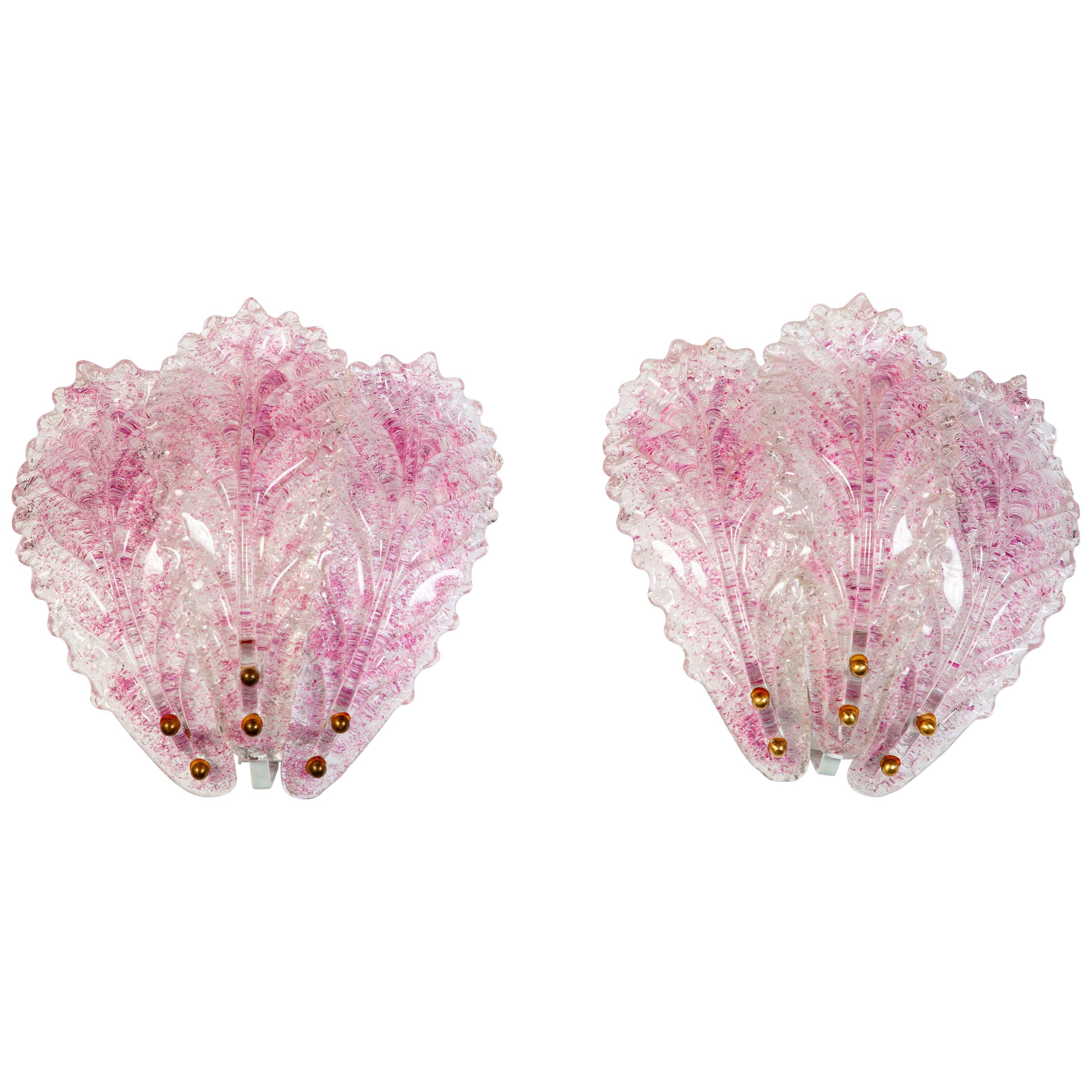 Pair of Modern Italian Pink Murano Glass Leave Wall Lights or Sconces, 1970
