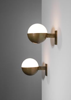 Pair of Modern Italian Sconces "Dino" Opaline and Solid Brass Vintage Design