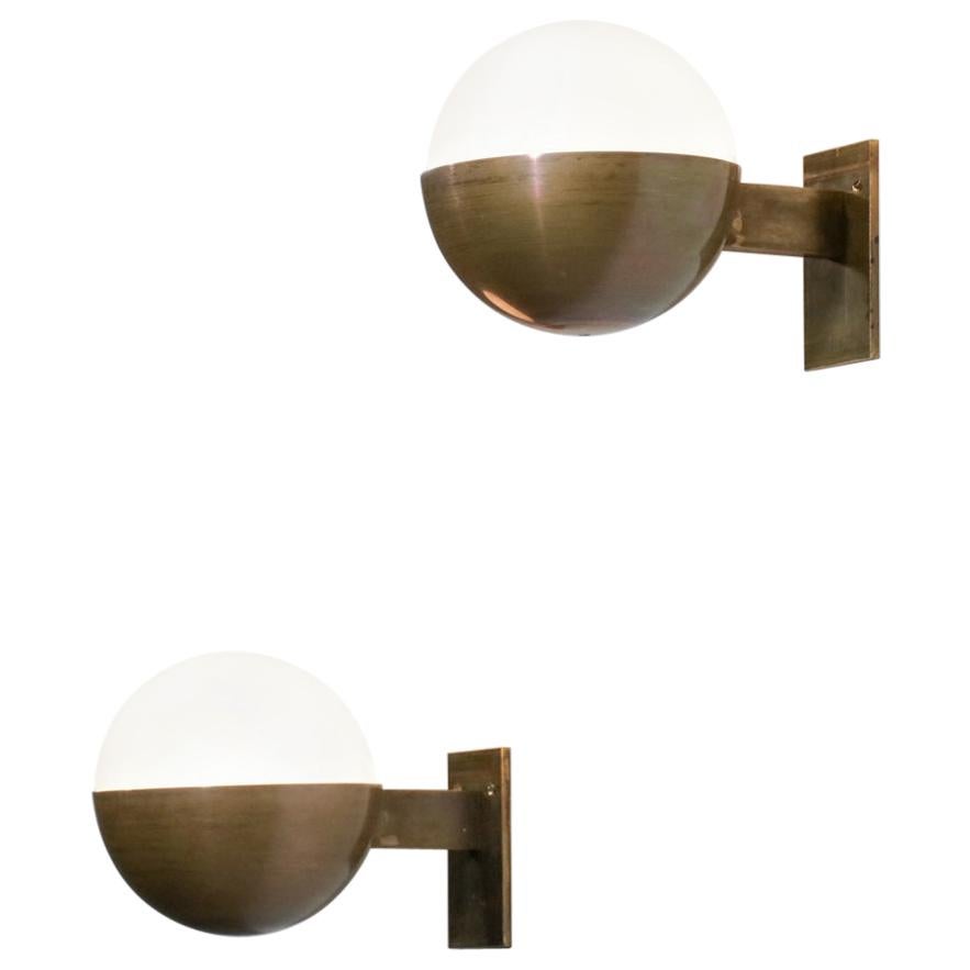 Pair of Modern Italian Sconces "Dino" Opaline and Solid Brass Vintage Design For Sale