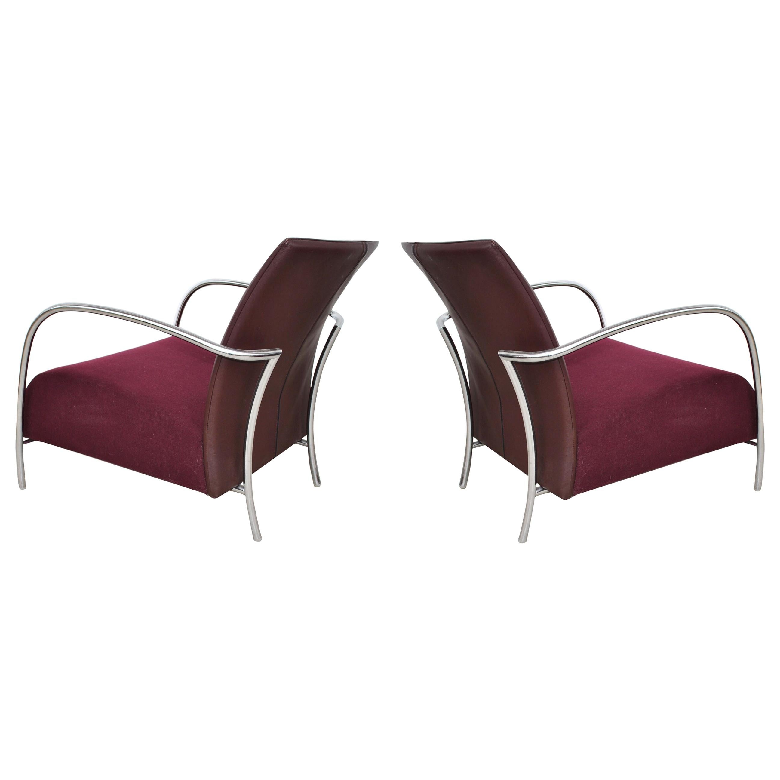 Pair of Modern Italian Style Tubular Chrome Lounge Chairs