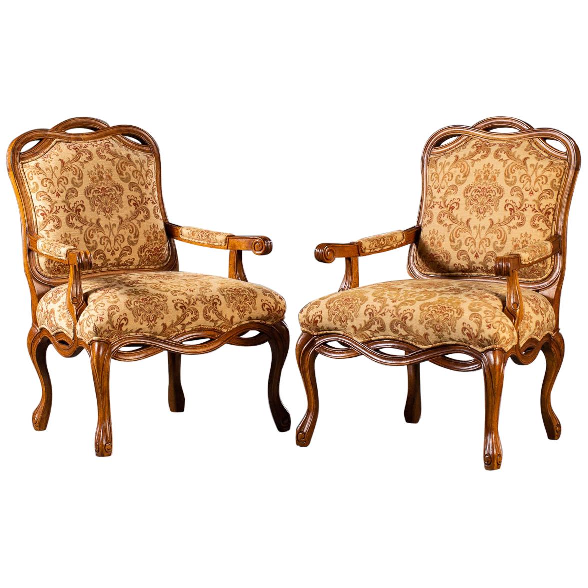 Pair of Modern Italian Upholstered Chairs Ribbon Motif Walnut Finish, circa 2000 For Sale