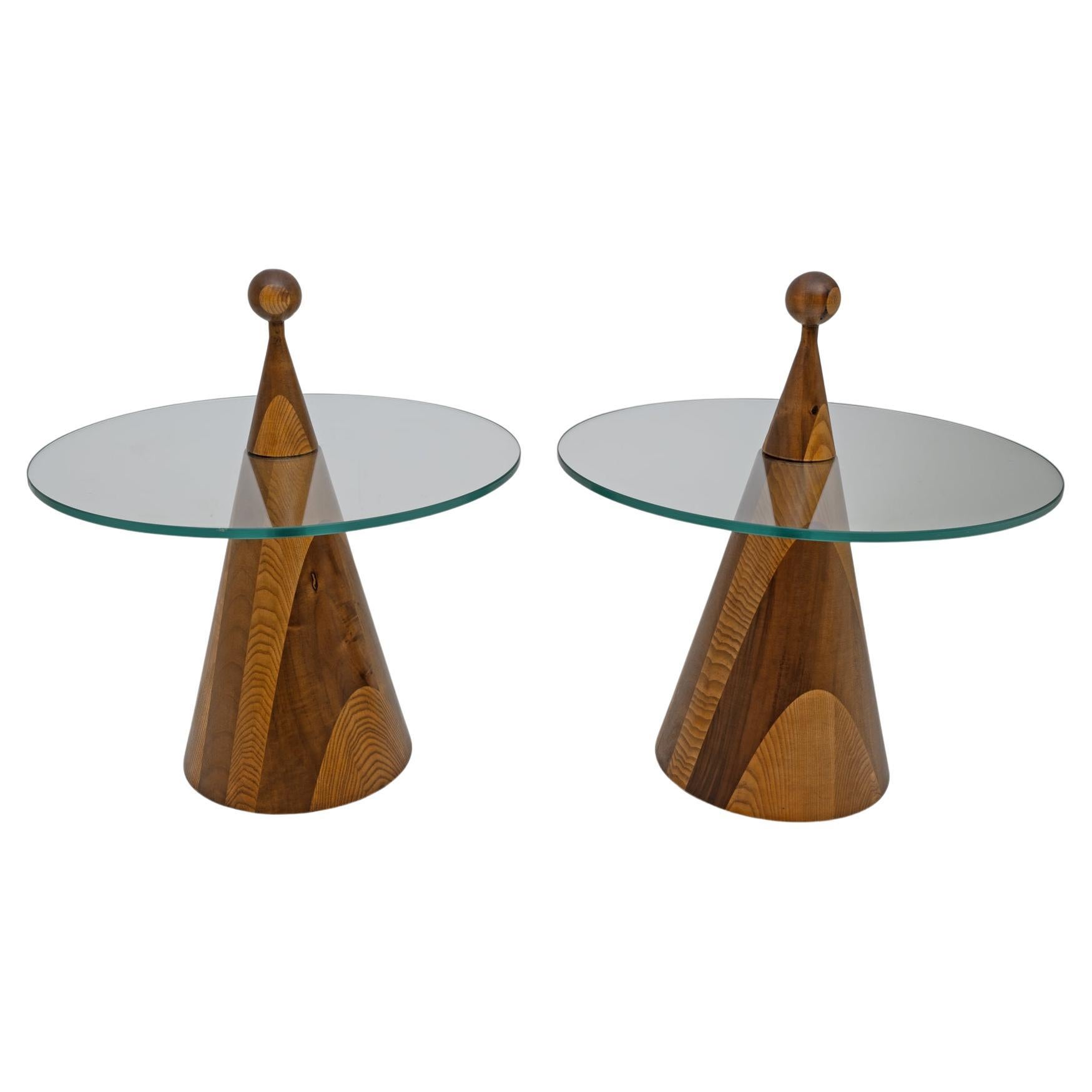 Pair of Modern Italian Walnut Conical Coffee Tables or Bedside Tables, 1970s For Sale