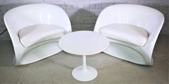 Pair of Modern Italian White Curved Club Chairs with Matching Side Table