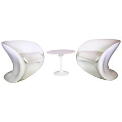 Pair of Modern Italian White Curved Club Chairs with Matching Side Table