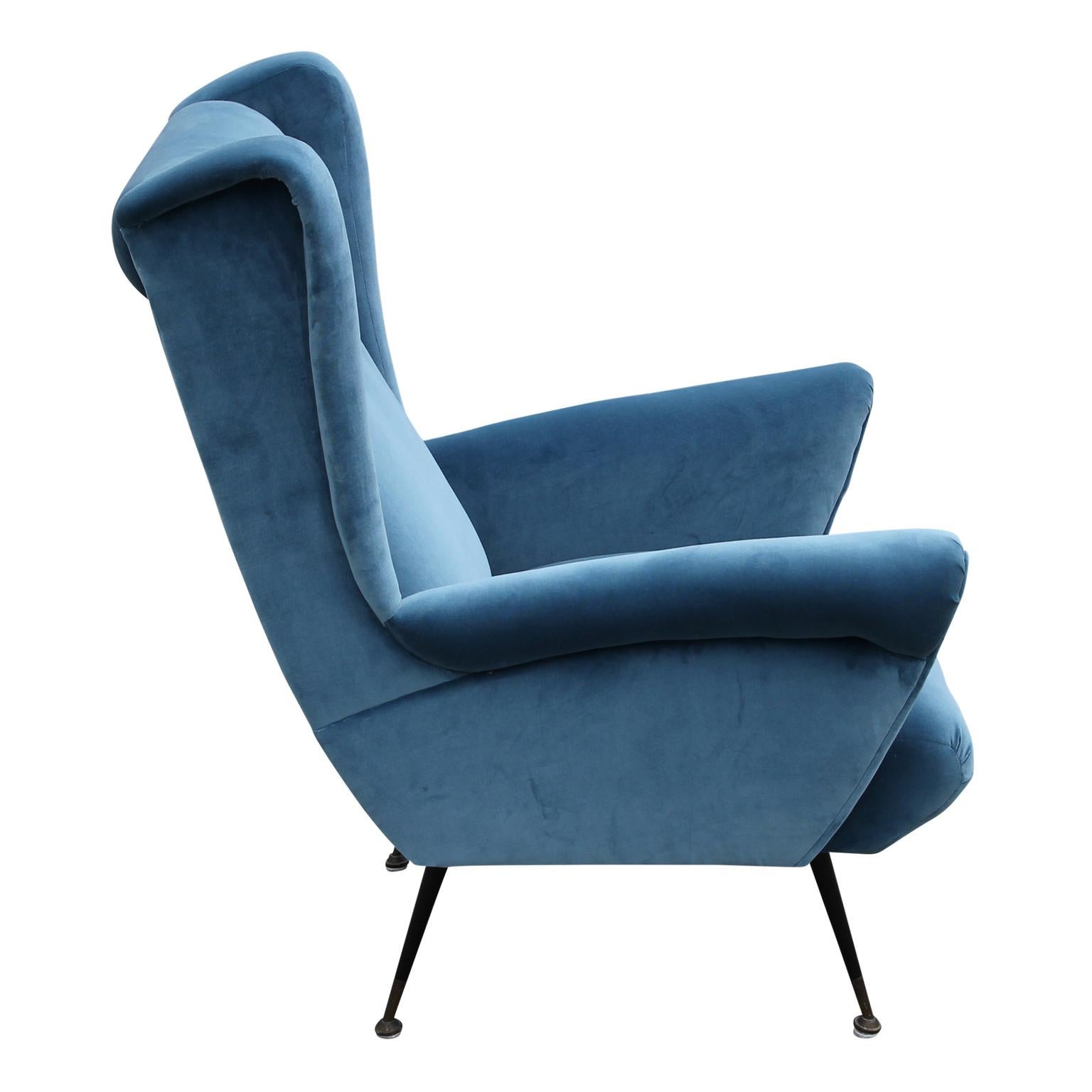 Brass Pair of Modern Italian Wingback Lounge Chairs in Blue Velvet