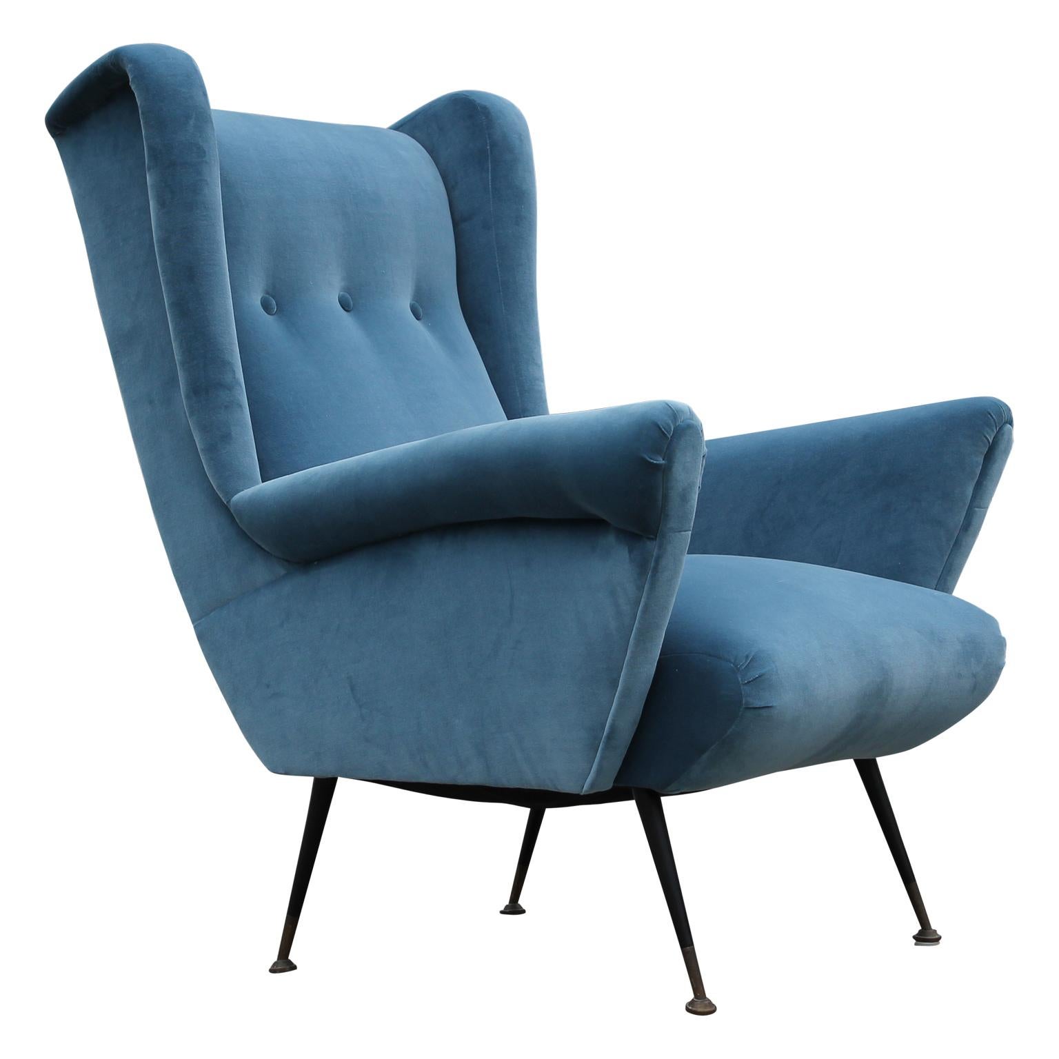 Pair of Modern Italian Wingback Lounge Chairs in Blue Velvet 1