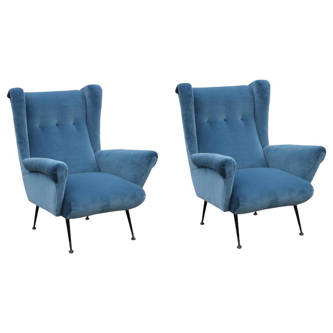 Pair of Modern Italian Wingback Lounge Chairs in Blue Velvet