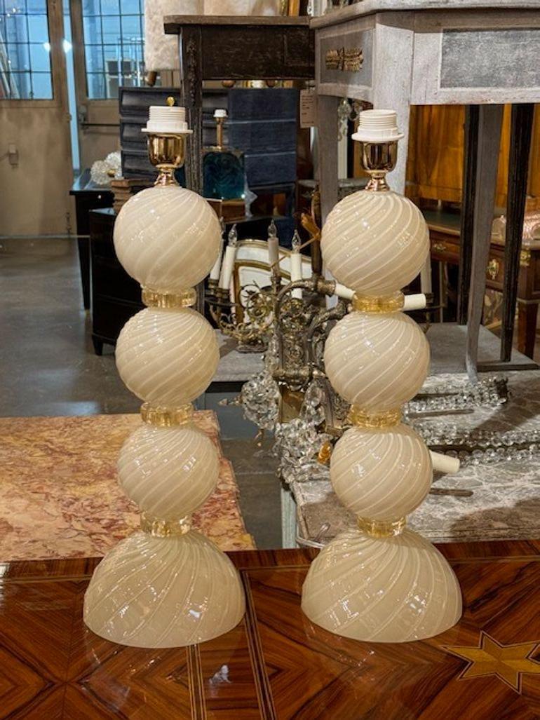 Murano Glass Pair of Modern Ivory and Gold Murano Lamps For Sale