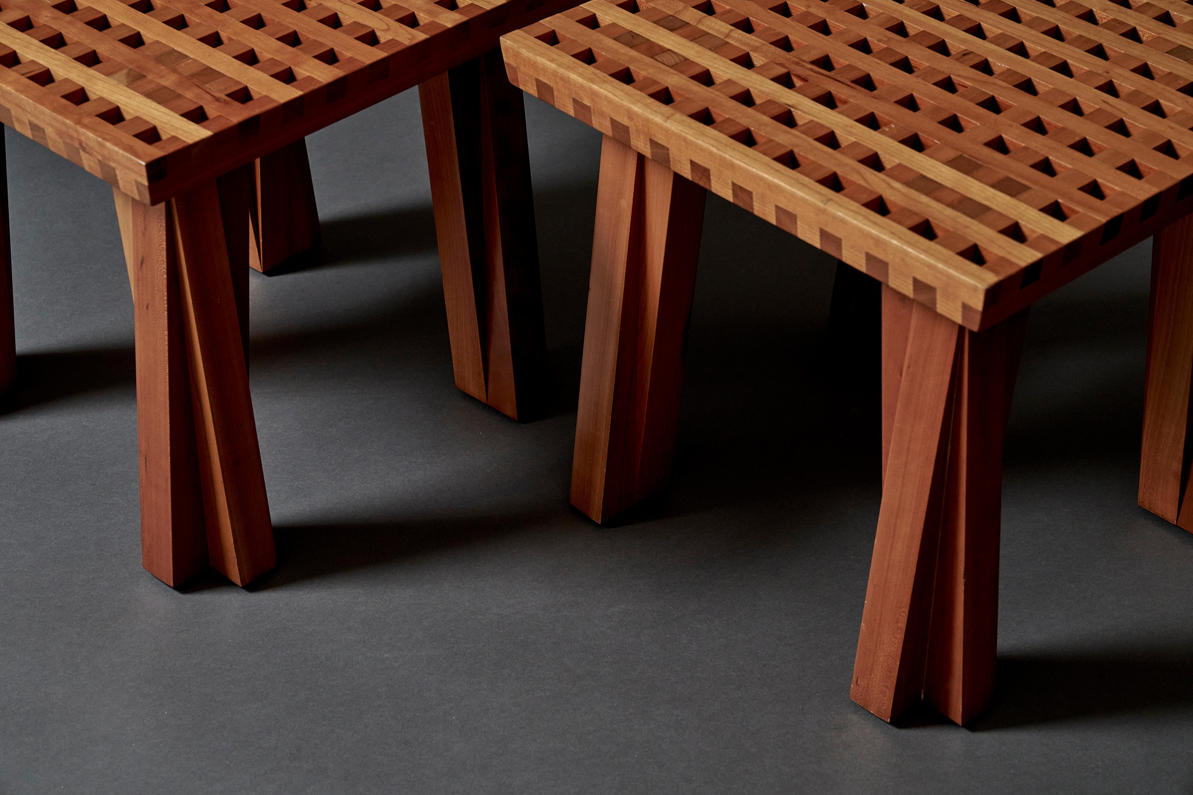 20th Century Pair of Modern Japanese Style Lattice Top Occasional Tables in Solid Cherry For Sale