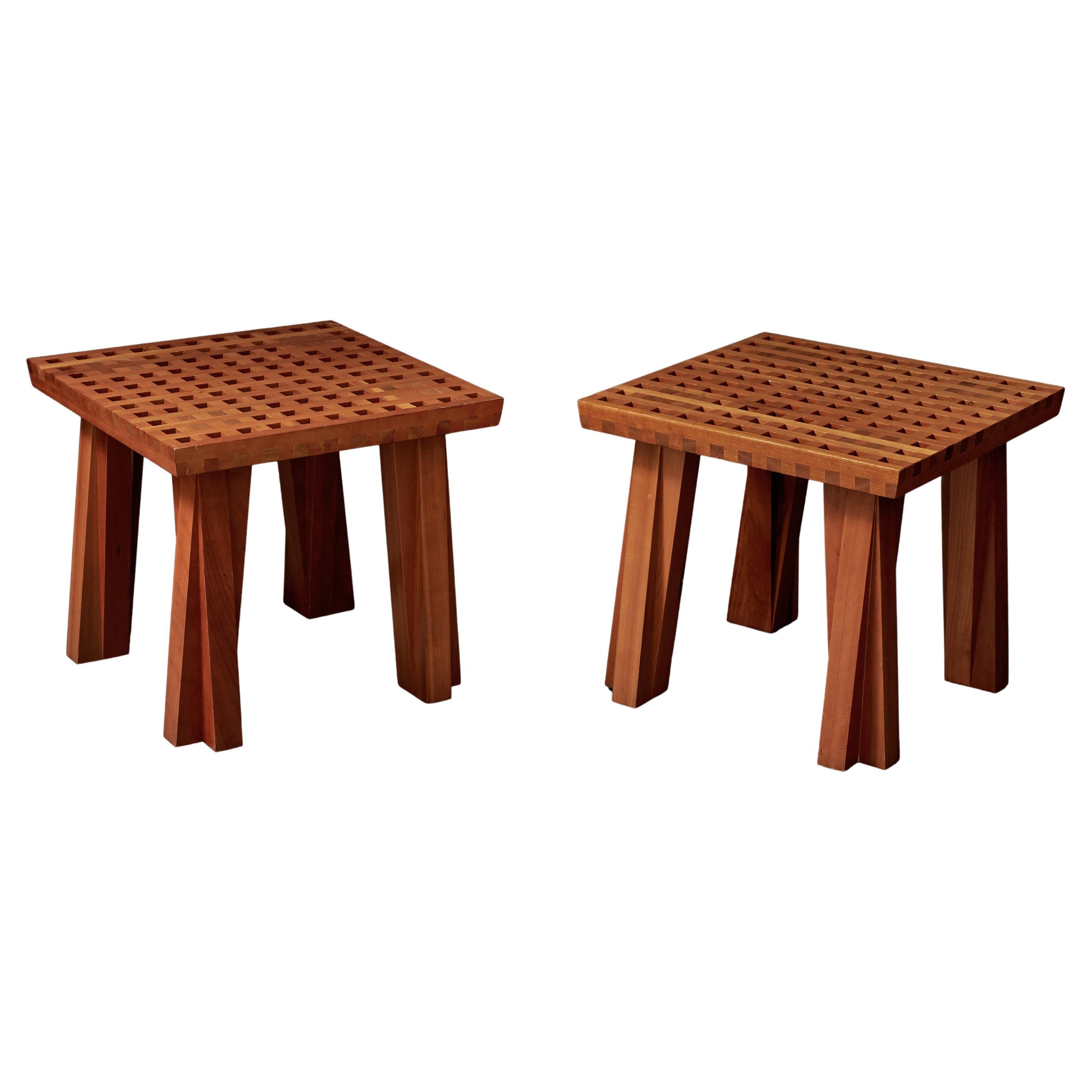 Pair of Modern Japanese Style Lattice Top Occasional Tables in Solid Cherry For Sale