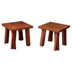 Pair of Modern Japanese Style Lattice Top Occasional Tables in Solid Cherry