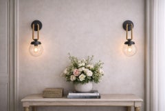 Pair of Modern Jute Rope Wall Sconces, Antique Brass Finish with Glass Globes