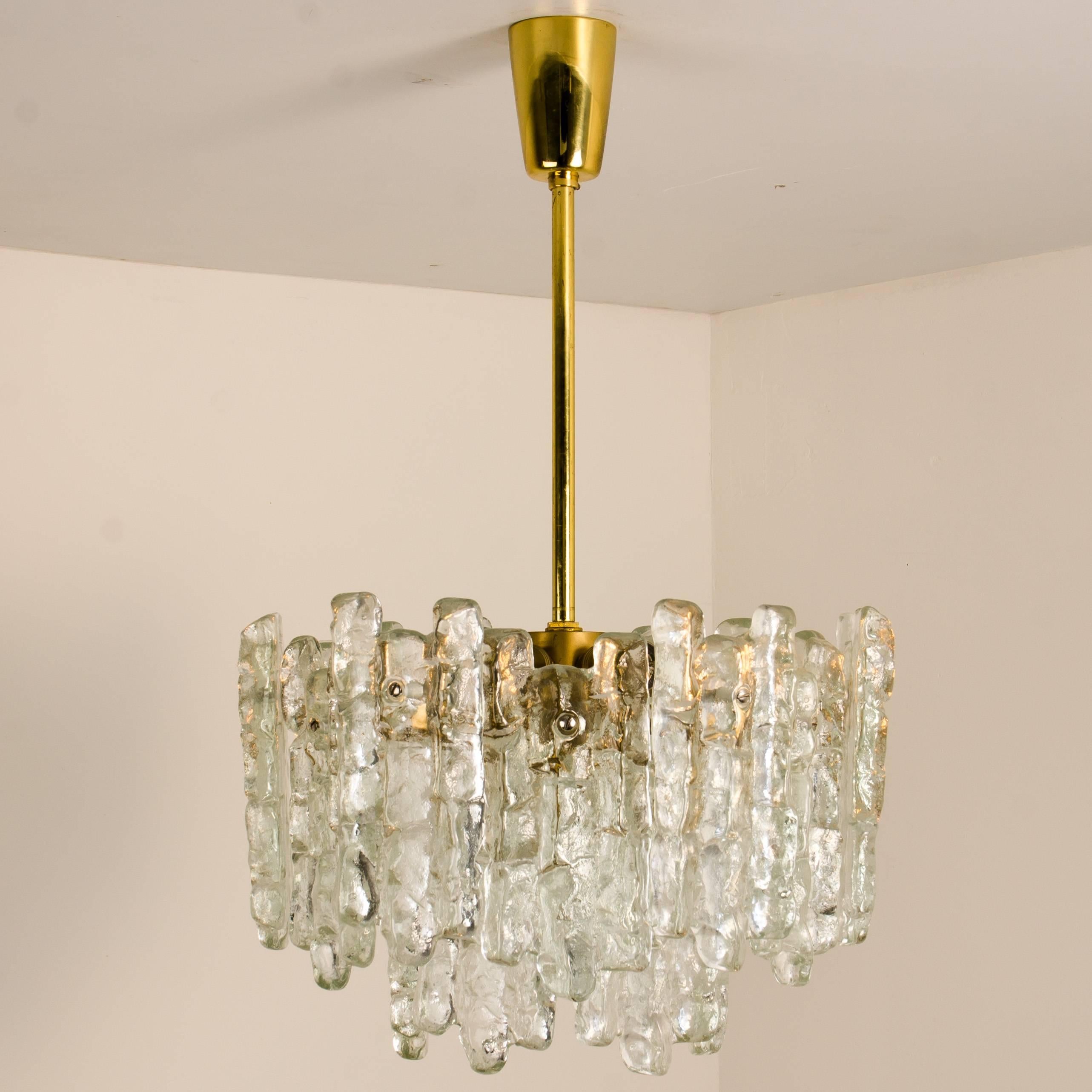Pair of Modern Kalmar Brass Two-Tiered Ice Glass Pendant Chandeliers, 1970s For Sale 3