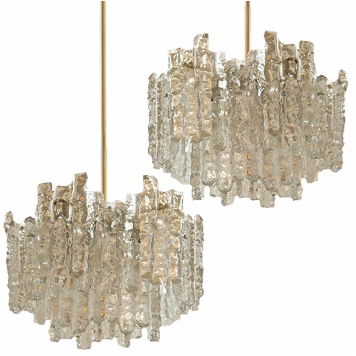 Pair of Modern Kalmar Brass Two-Tiered Ice Glass Pendant Chandeliers, 1970s For Sale 5