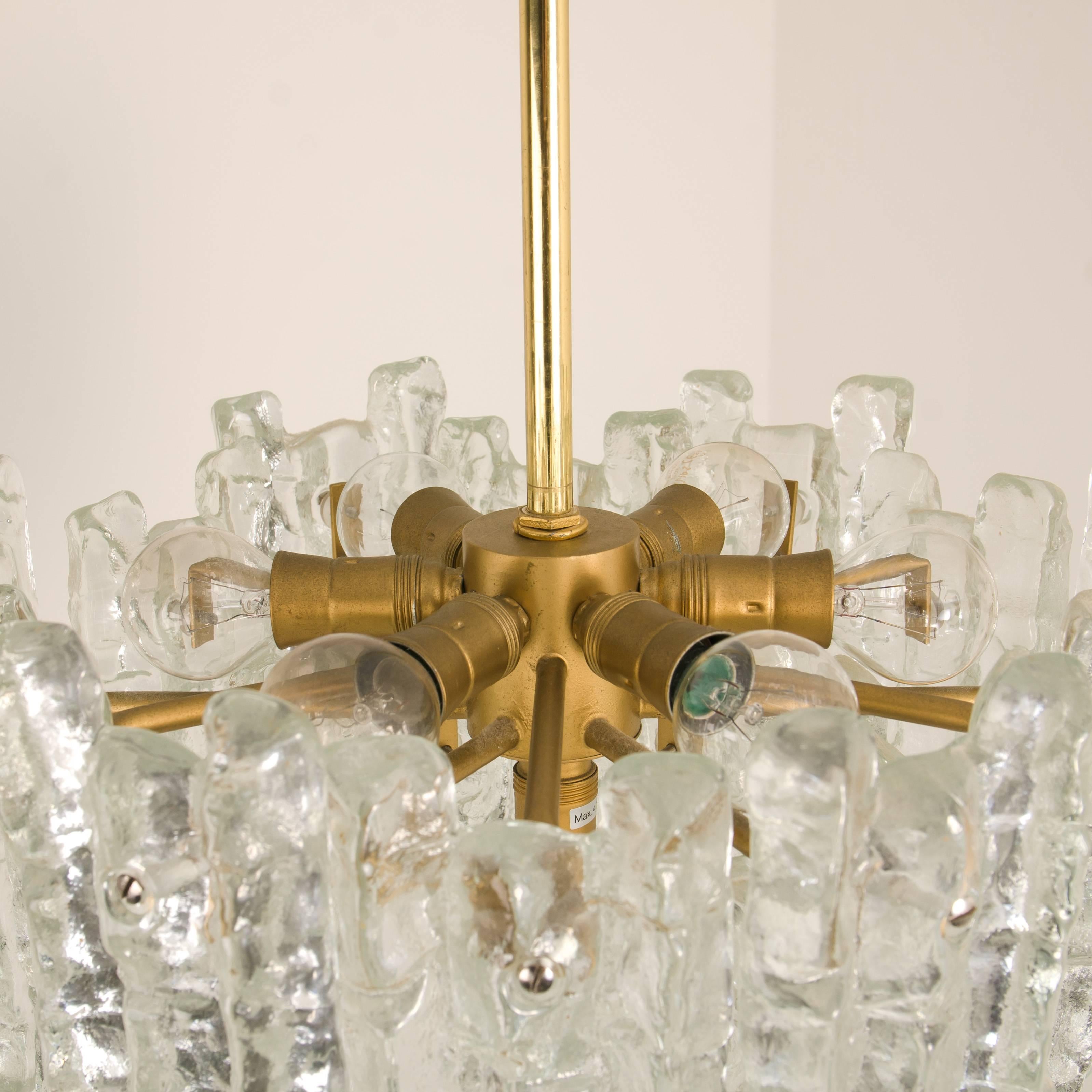 Austrian Pair of Modern Kalmar Brass Two-Tiered Ice Glass Pendant Chandeliers, 1970s For Sale