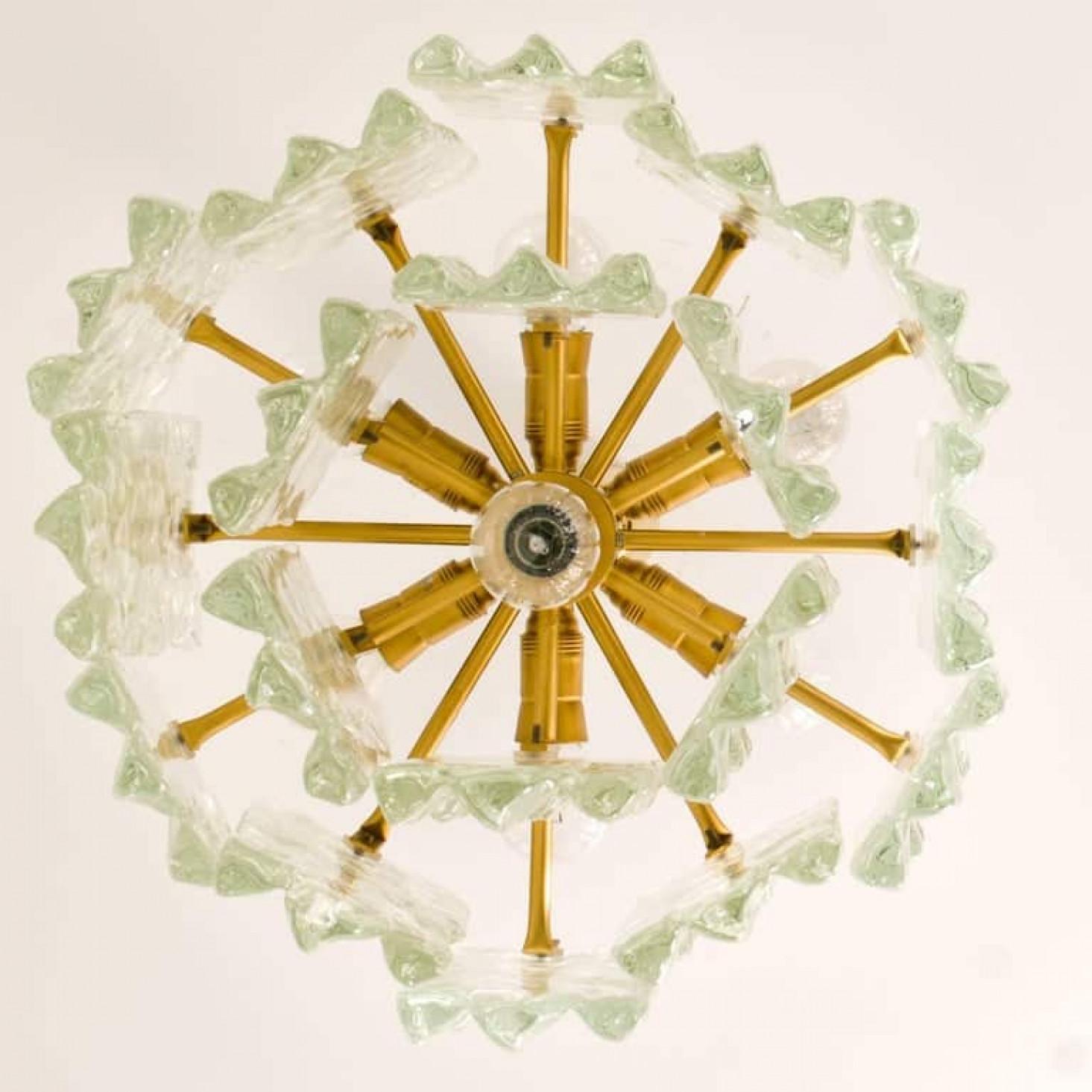 Pair of Modern Kalmar Brass Two-Tiered Ice Glass Pendant Chandeliers, 1970s (Stahl) im Angebot