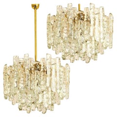 Vintage Pair of Modern Kalmar Brass Two-Tiered Ice Glass Pendant Chandeliers, 1970s