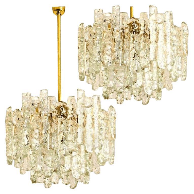 Pair of Modern Kalmar Brass Two-Tiered Ice Glass Pendant Chandeliers, 1970s im Angebot