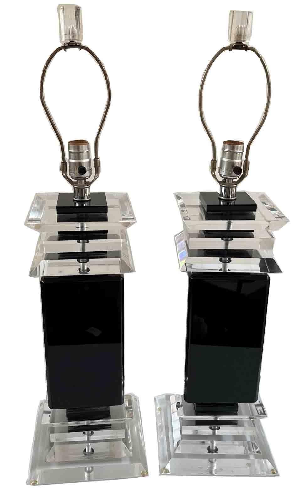 Hand-Crafted Pair of Modern Karl Springer Style Square Base Lucite Table Lamps  For Sale