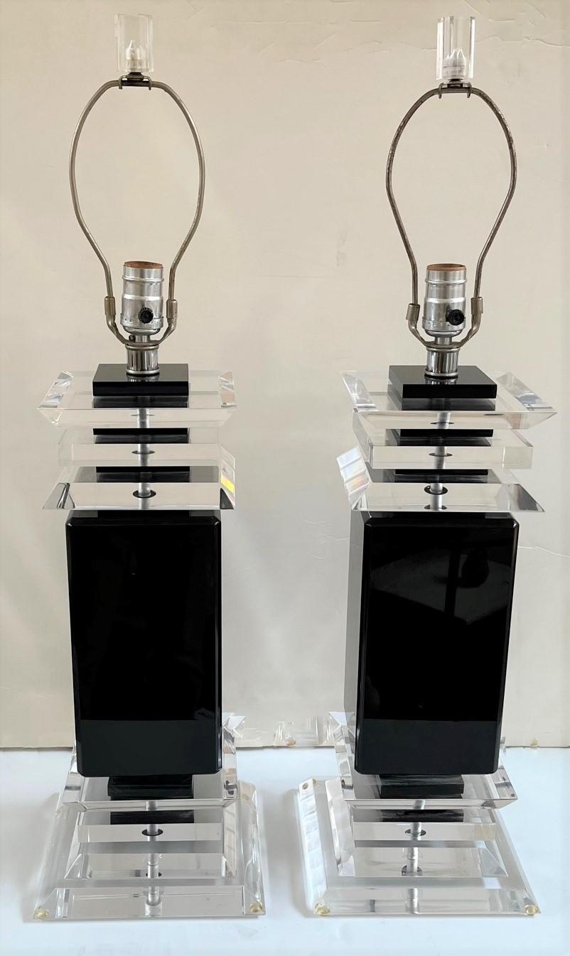 Pair of Modern Karl Springer Style Square Base Lucite Table Lamps  For Sale 3