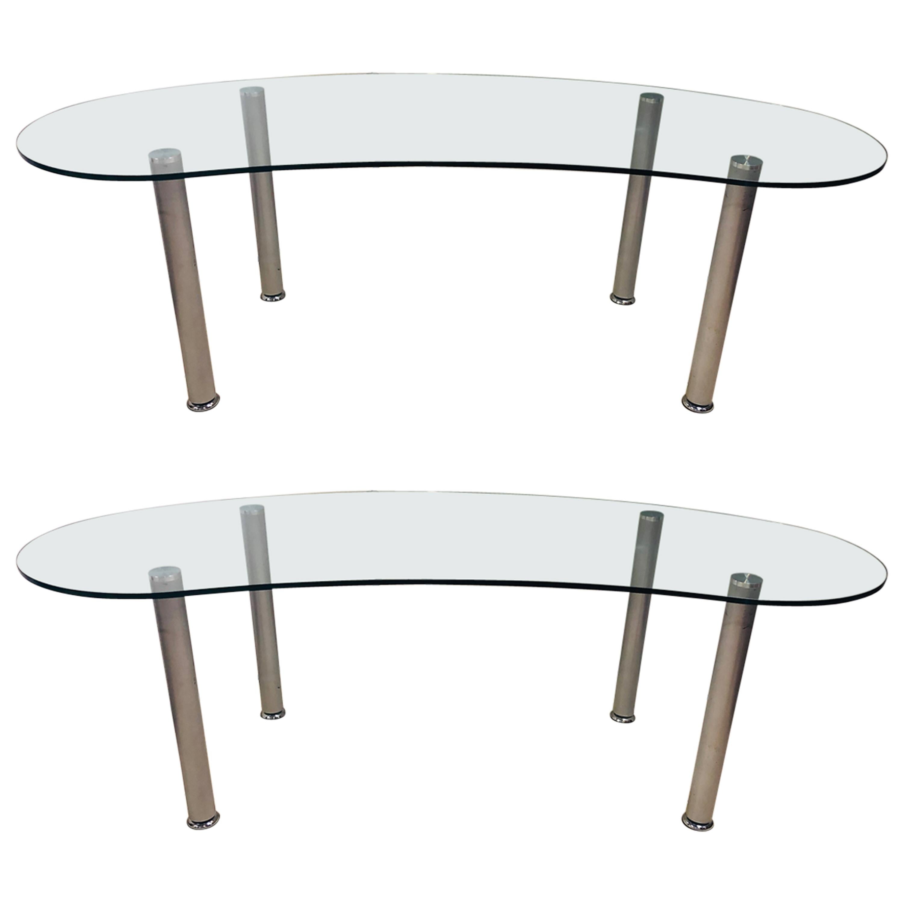Pair of Modern Kidney Shaped Glass Top Desks on Steel Legs