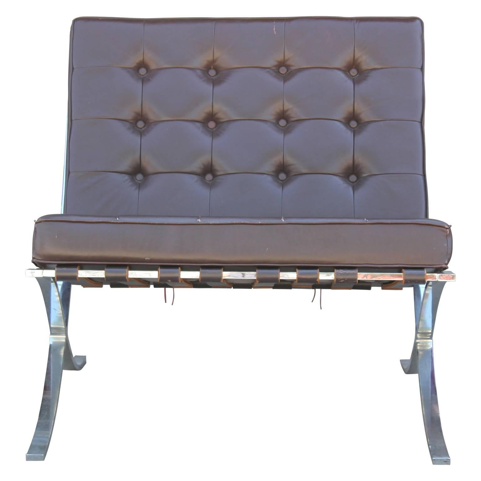 Mid-Century Modern Pair of Modern Knoll Style Dark Brown Leather & Chrome Italian Barcelona Chairs